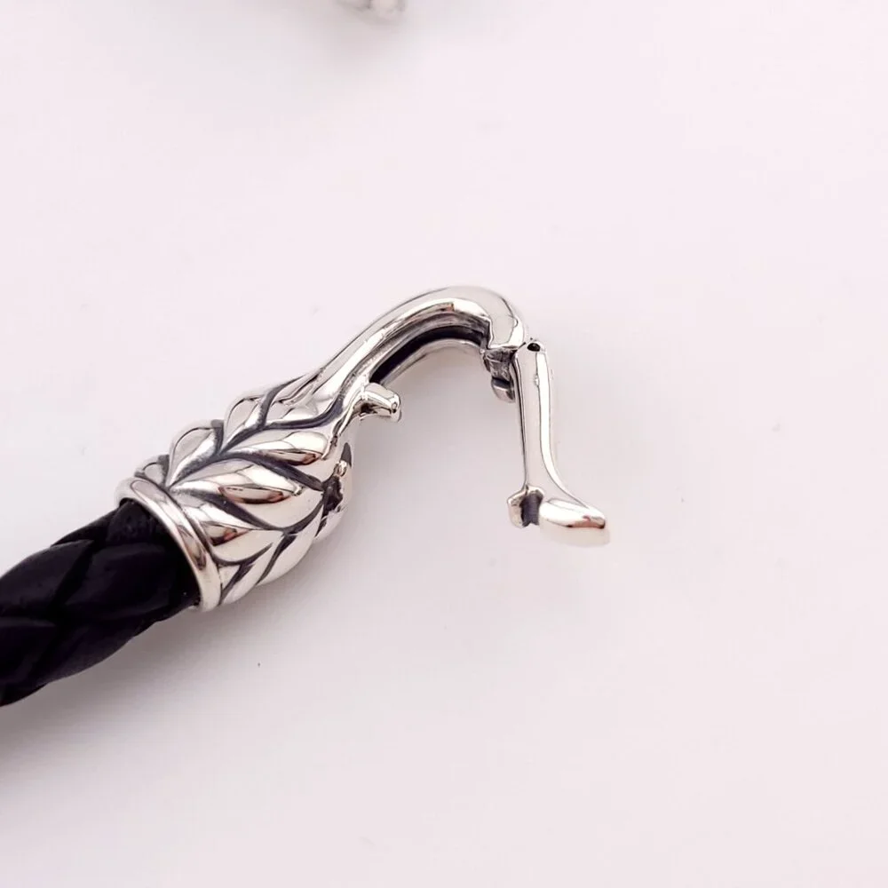 DAVID YURMAN Sterling Silver 925 Black Leather Chevron Woven Bracelet 8